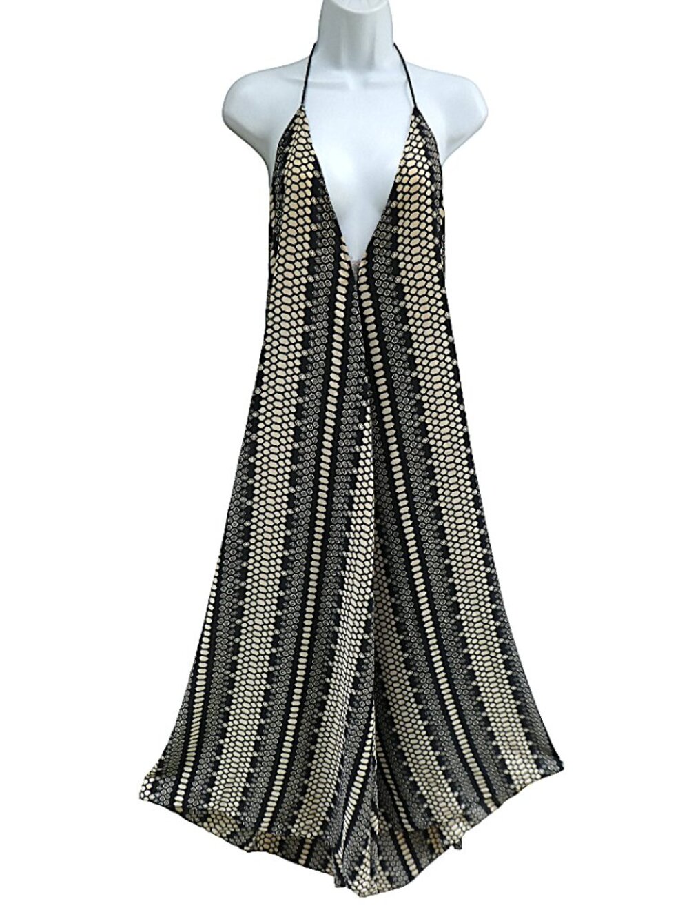 Olivaceous Maxi Plunging V-Neck Slip Dress Halter Low V Back Tie Tassels Geo L